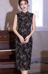 Black Print Midi Cheongsam Qipao Dress