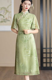 Green Floral A-Line Flutter Sleeve Cheongsam Qipao Dress
