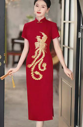 Red Embroidered Phoenix Wedding Cheongsam Qipao Dress