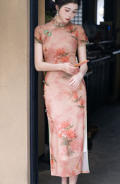 2025 Pink Floral Print Cheongsam Qipao Dress