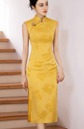2025 Yellow Jacquard Floral Cheongsam Qipao Dress
