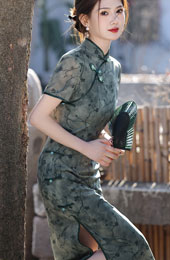 2025 Green Floral Cheongsam Qipao Dress