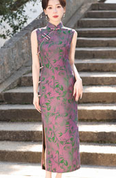 Fuchsia Bamboo Print Long Cheongsam Qipao Dress