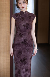 Purple Floral Print Cheongsam Qipao Dress