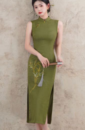 Summer Geen Embroidered Linen Cheongsam Qipao Dress