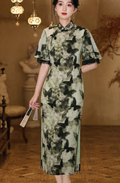 Butterfly Print Flutter Sleeve Cheongsam Qipao Dress