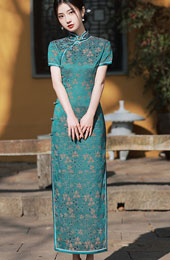 Green Jacquard Floral Maxi Cheongsam Qipao Dress