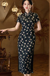 Black Rose Print Cheongsam Qipao Dress