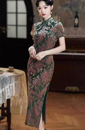 Green Floral Velvet Mothers Cheongsam Qipao Dress
