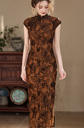 Coffee Floral Print Cheongsam Qipao Dress
