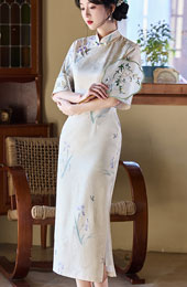 Jacquard Floral Bell Sleeve Cheongsam Qipao Dress