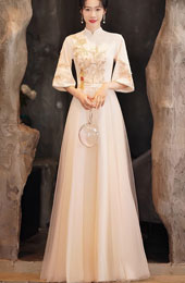 Champagne Appliques Bell Sleeve Maxi Cheongsam Qipao Dress