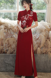 Burgundy Appliques Split Front Wedding Cheongsam Qipao Dress