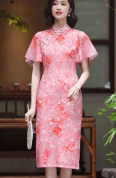 Pink Floral Flutter Sleeve Midi Cheongsam Qipao Dress