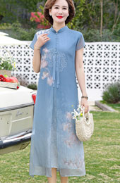 Blue Pink Floral Mothers A-Line Qipao Cheongsam Dress
