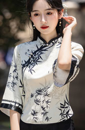 Bamboo Print Bell Sleeve Cheongsam Blouse Top