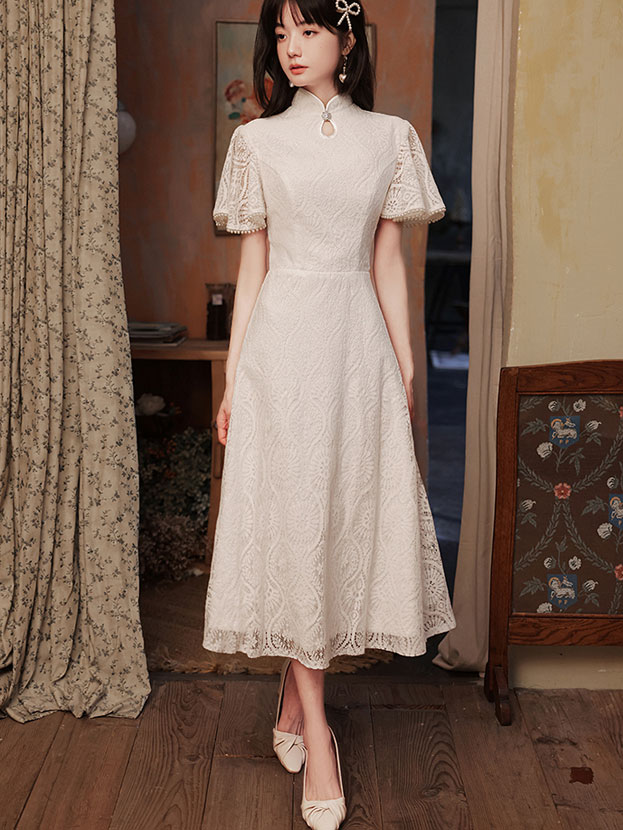 White Lace Flutter Sleeve A-line Cheongsam Qipao Dress