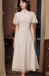 White Lace Flutter Sleeve A-line Cheongsam Qipao Dress