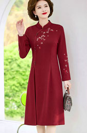 Red Mothers Embroidered A-Line Cheongsam Qipao Dress