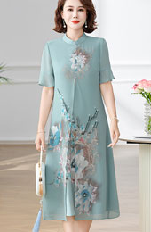 Green Blue Floral Mothers A-Line Qipao Cheongsam Dress