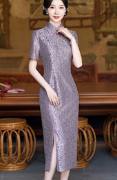 Purple Pink Sequins Lace Mothers Midi Cheongsam Qipao Dress