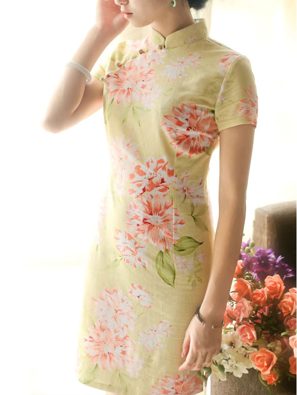 Clearance Yellow Floral Linen Qipao Cheongsam Dress