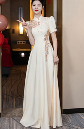 Champagne Appliques A-Line Maix Wedding Qipao Cheongsam Gown