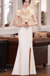 White Appliques Thigh Split Fishtail Cheongsam Qipao Dress
