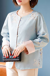 Blue Pink Embroidered Cheongsam Jacket Blouse