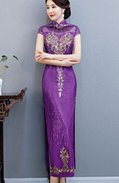 Purple Sequined Bride Mother Long Qipao / Cheongsam Evening Dress