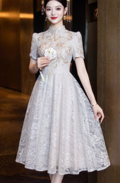 Floral Lace Midi A-line Engagement Cheongsam Qipao Dress