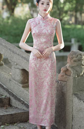 Pink Jacquard Floral Sleeveless Long Cheongsam Qipao Dress