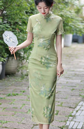 Green Floral Print Summer Cheongsam Qipao Dress