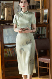 Green Floral Tea-Length Qipao / Cheongsam Dress