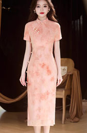 Pink Green Jacquard Velvet Cheongsam Qipao Dress