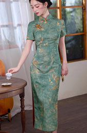 2025 Green Phoenix Print Cheongsam Qipao Dress