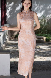 Pink Floral Sleeveless Cheongsam Qipao Dress