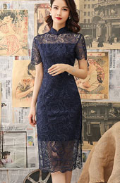 Blue Floral Lace Qipao Cheongsam Dress