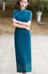 2024 Lake Blue Plaid Lace Qipao Cheongsam Dress