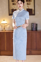 Blue Jacquard Midi Cheongsam Qipao Dress
