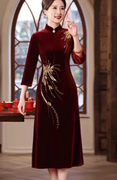 Red Velvet Mothers A-Line Wedding Cheongsam Qipao Dress