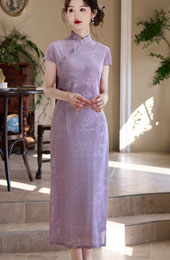 Purple Jacquard Floral Cheongsam Qipao Dress