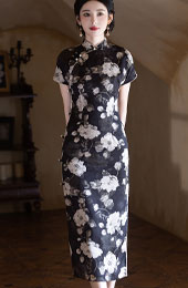 2024 Black Floral Print Mothers Cheongsam Qipao Dress