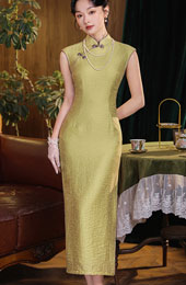 2025 Green Floral Midi Cheongsam Qipao Dress