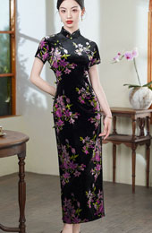 Floral Print Velvet Mothers Cheongsam Qipao Dress