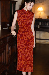 Red Floral Print Cheongsam Qipao Dress