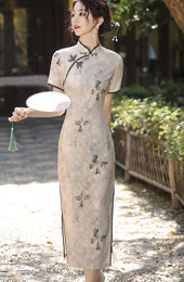 Jacquard Floral Beads Cheongsam Qipao Dress
