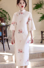 White Floral Bell Sleeve Cheongsam Qipao Dress