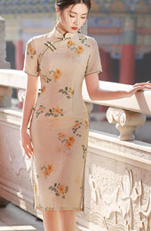 2025 Floral Print Linen Cheongsam Qipao Dress