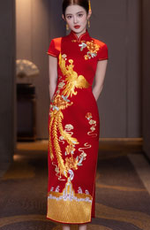 Red Embroidered Phoenix Wedding Bridal Cheongsam Qipao Dress